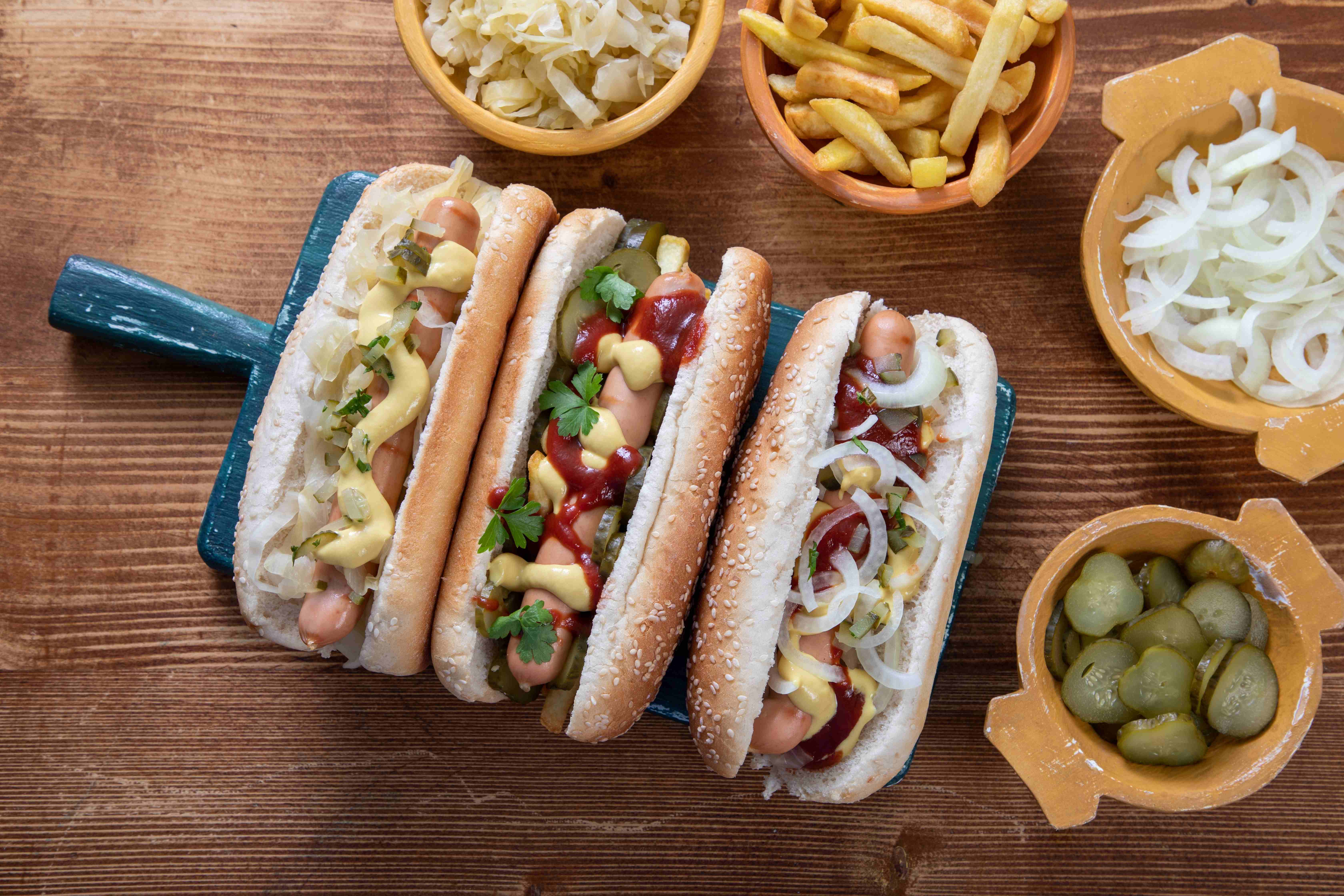 Hot dogs with plenty of toppings served at a barbecue-themed baby shower