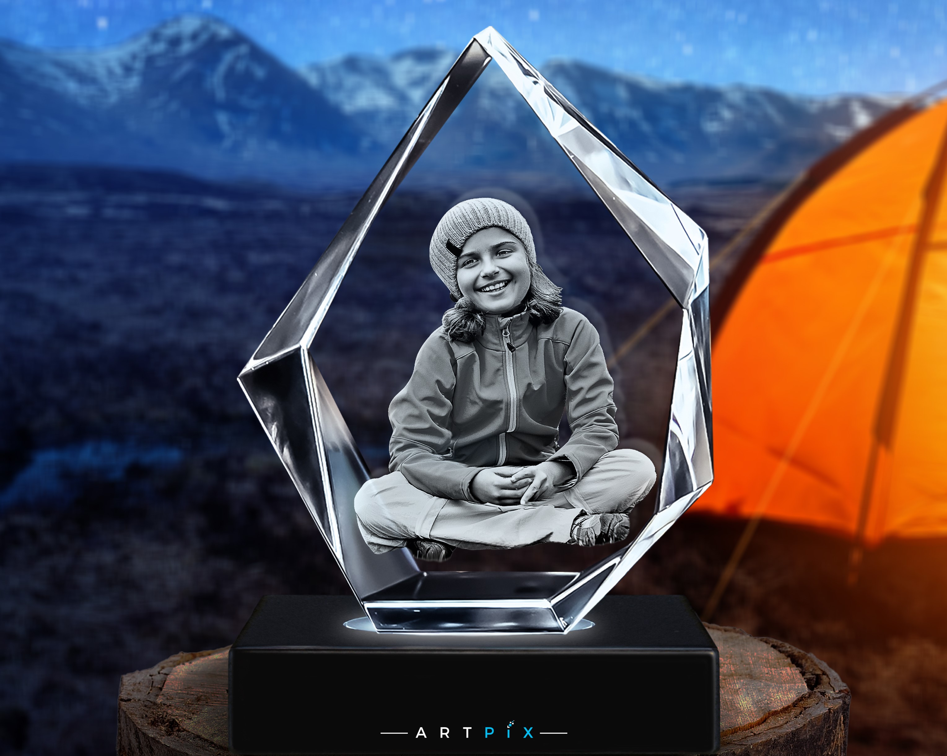 A 3D Crystal engraved with a photo from a family camping trip