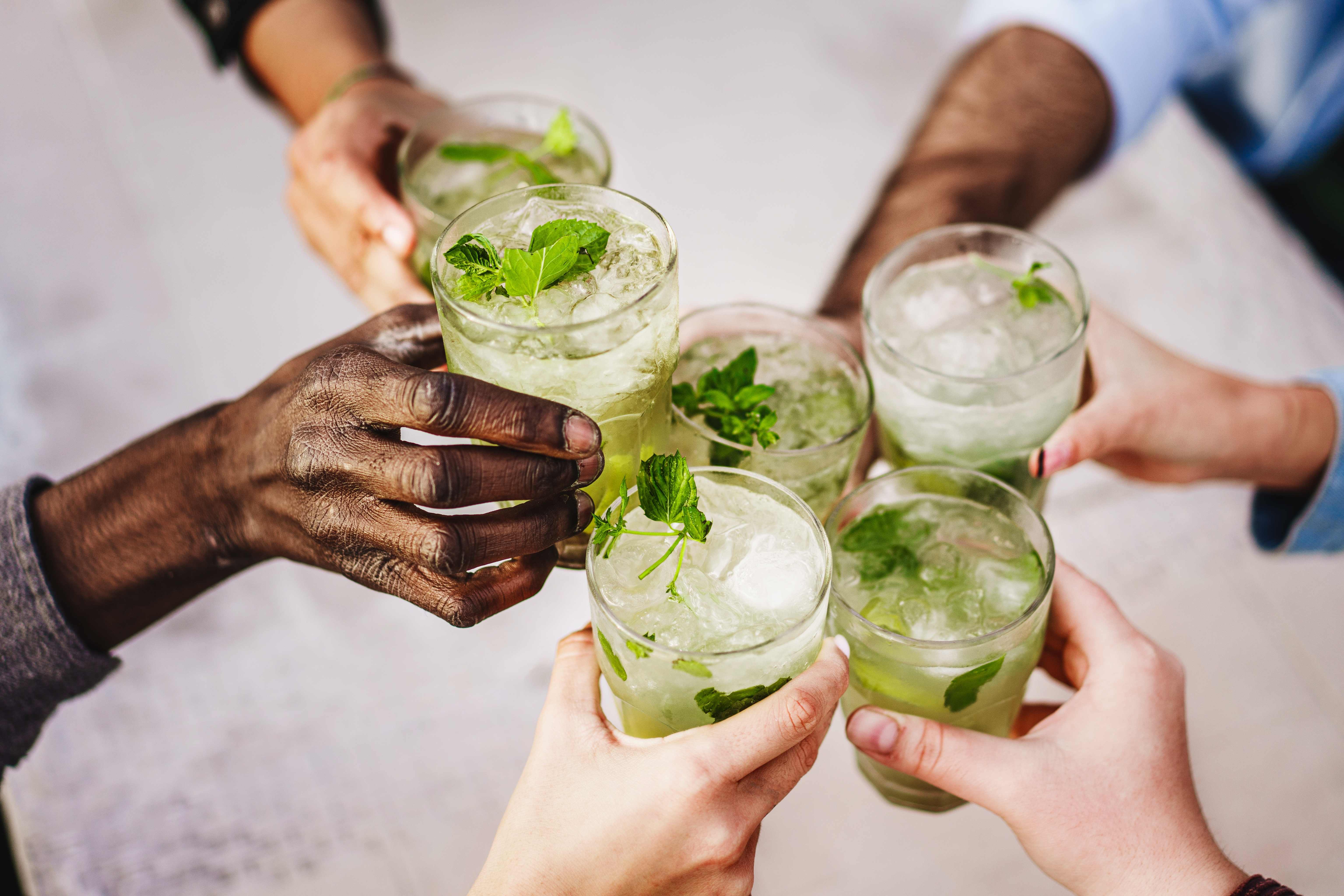 Friends and family clink glasses to celebrate another happy Thanksgiving.