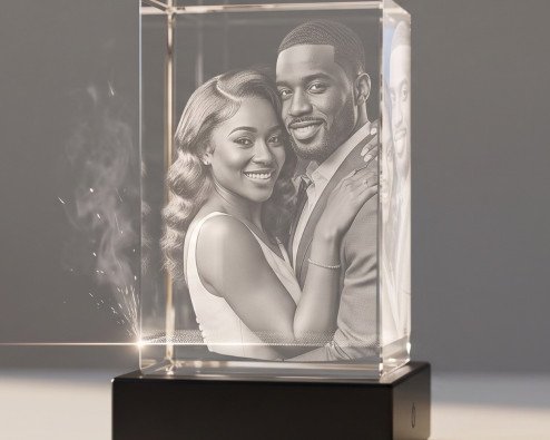 Laser engraving a portrait inside a colorless photo crystal at the ArtPix 3D facility