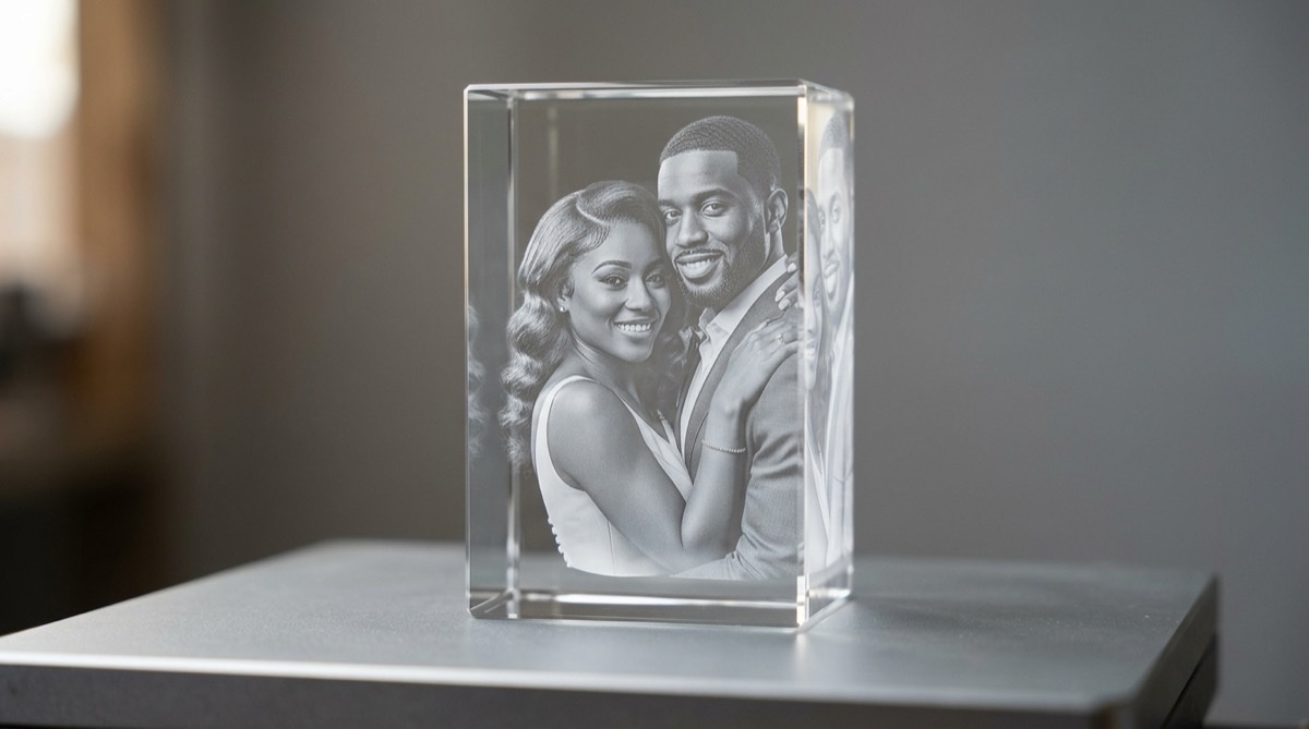 Laser engraving a portrait inside a photo crystal at the ArtPix 3D production facility in Illinois