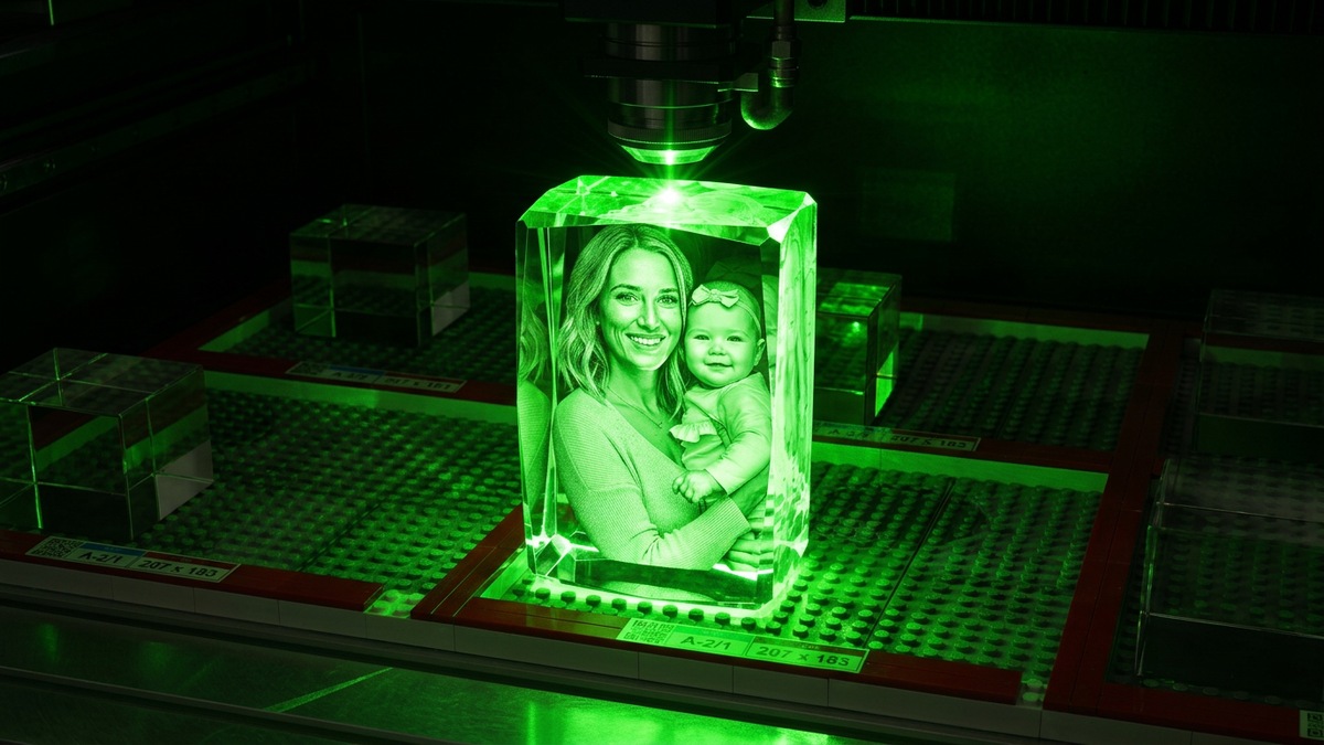Laser engraving a portrait inside a photo crystal on the engraving station at ArtPix 3D