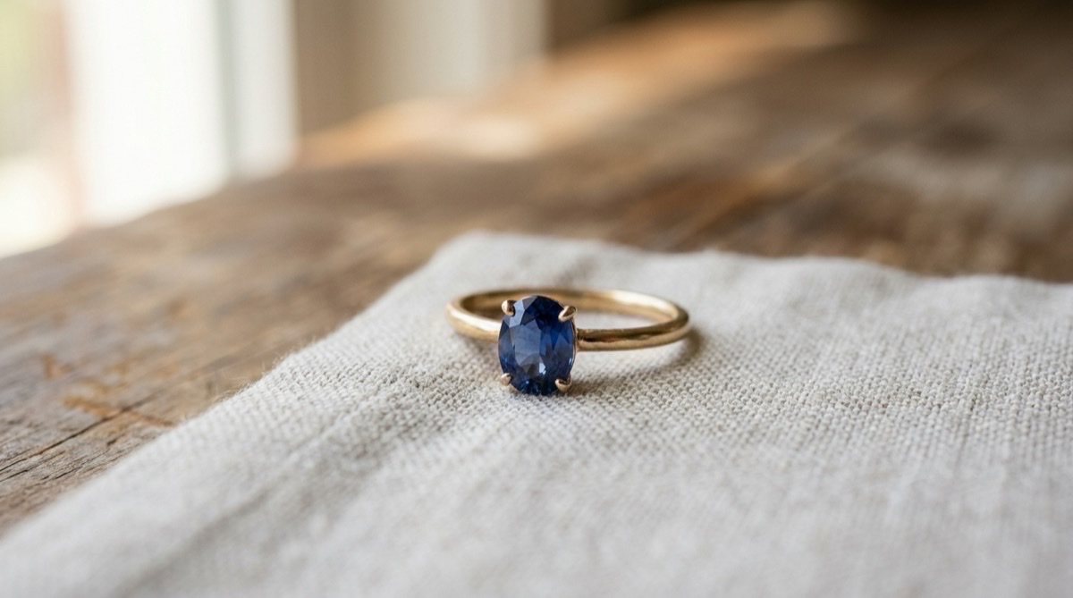 Small sapphire ring in a plain setting, the gemstone for a fifth wedding anniversary