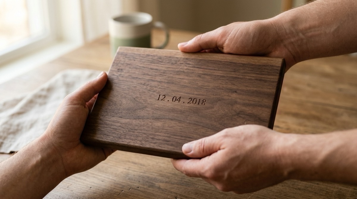 Walnut serving board with a wedding date routed into the underside as a fifth anniversary gift