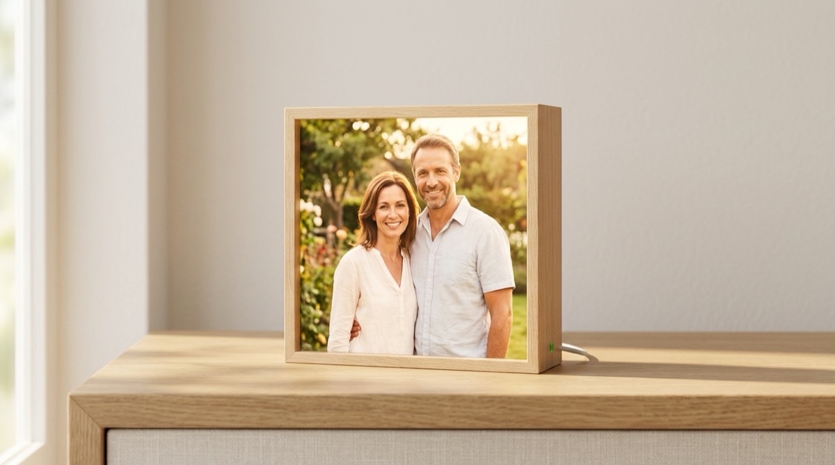LED wood photo block lit from behind, an on-theme wood gift for a five year anniversary