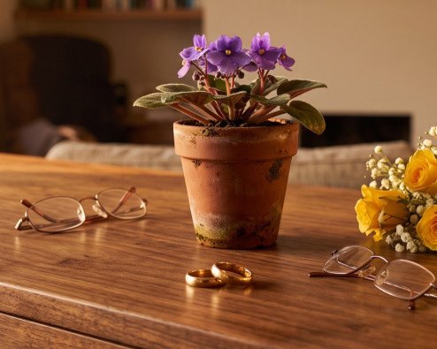 Gold wedding rings and a violet on a table set for a golden anniversary