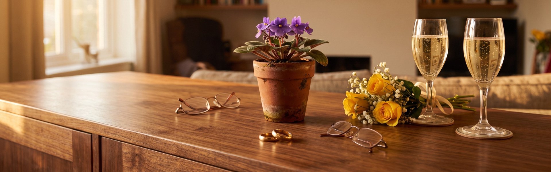 Golden anniversary gifts Gold wedding rings and a violet on a table set for a golden anniversary