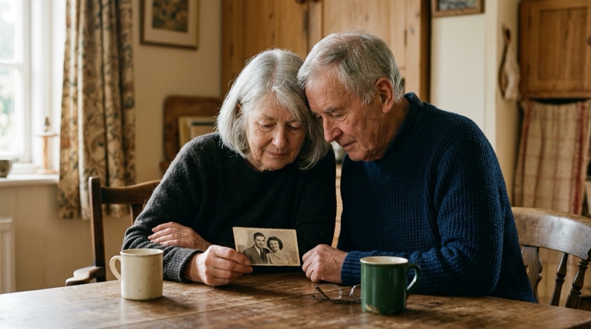 Couple looking at their wedding photograph while choosing 50th anniversary gifts