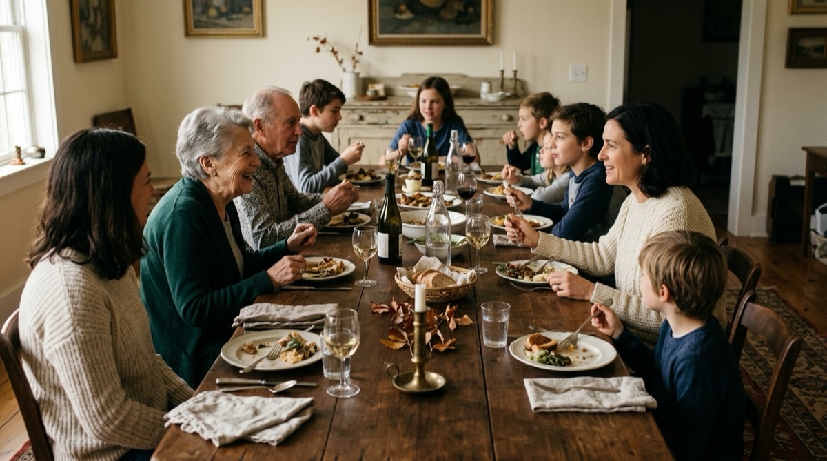 Family gathered for a golden anniversary dinner across three generations