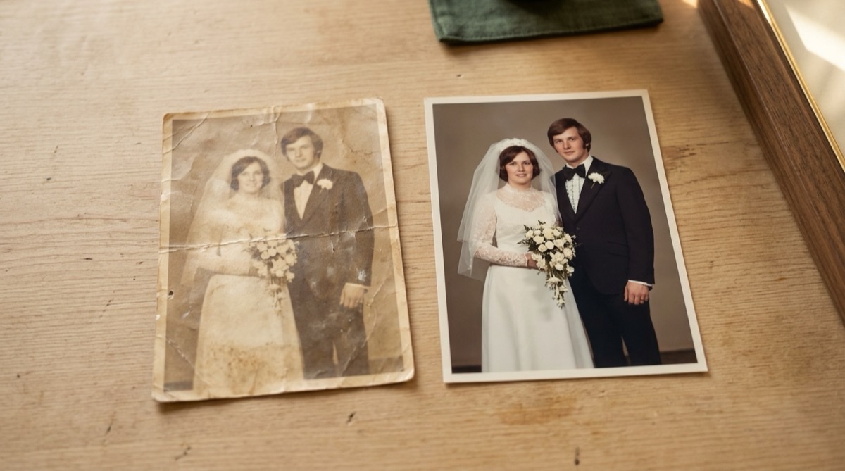 Faded wedding photograph next to its restored copy before engraving
