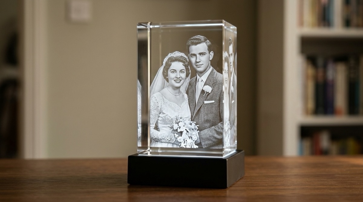 Photo crystal engraved with a wedding portrait as a fiftieth anniversary keepsake