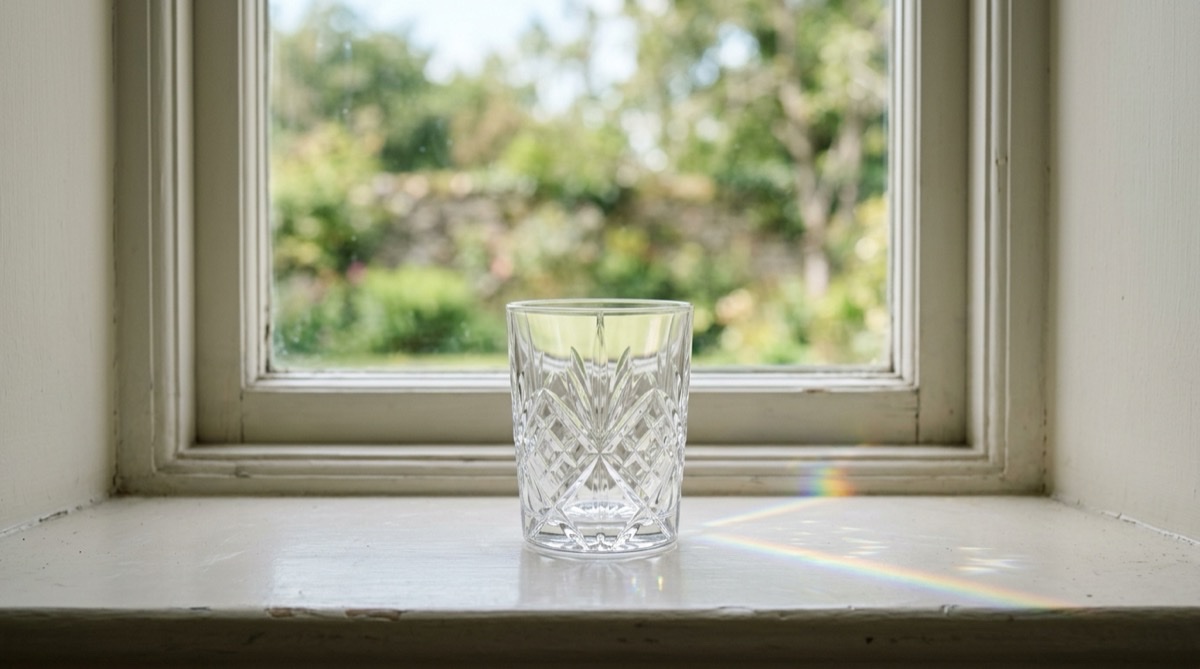 Cut crystal tumbler in daylight, the traditional material for a fifteenth wedding anniversary