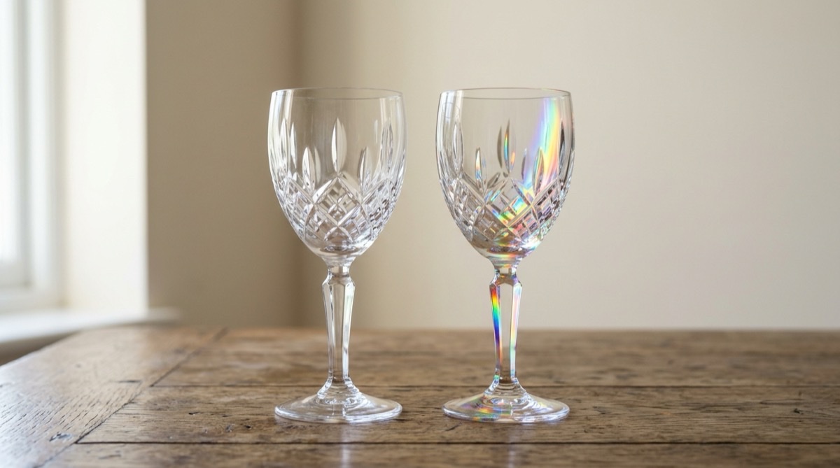 Two crystal wine glasses in daylight as a traditional fifteen year wedding anniversary gift