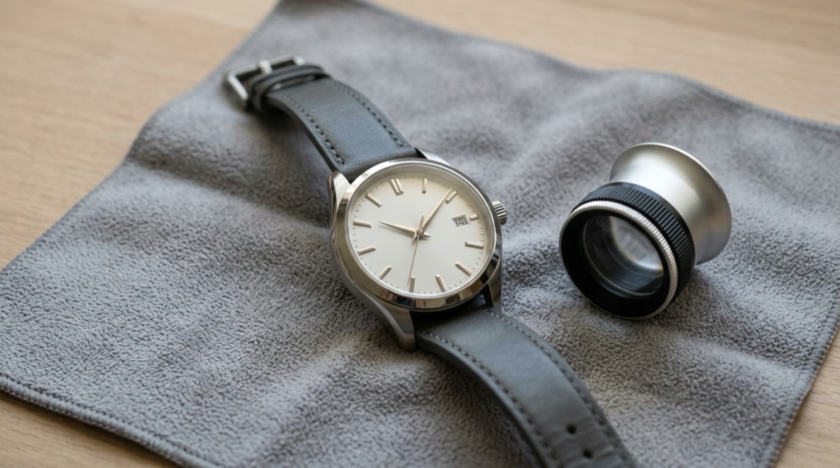 Mechanical watch on a cloth after servicing, the modern material for a fifteen year anniversary