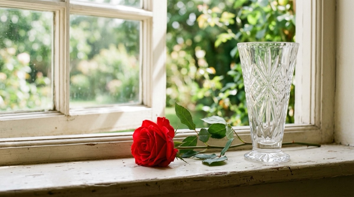Red rose beside a crystal vase, the flower and the material of the fifteenth anniversary
