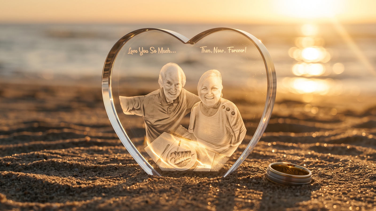 Heart-shaped 3D crystal with a couple on it