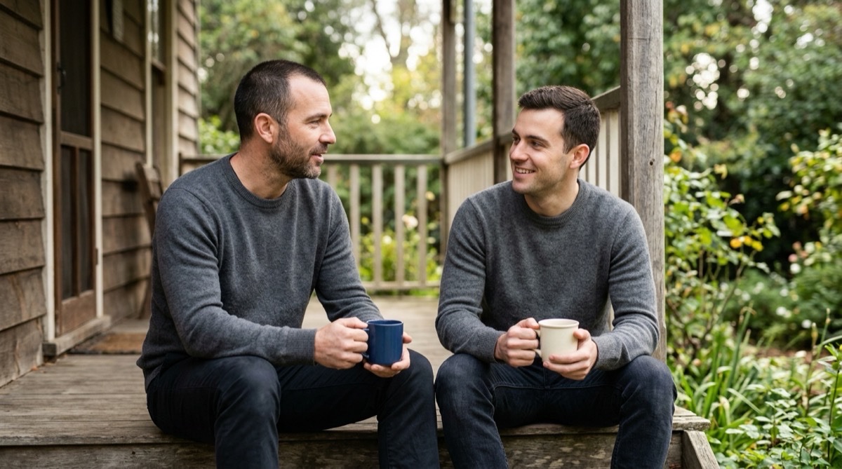 Two adult brothers talking on a porch, the audience for a brother gift guide
