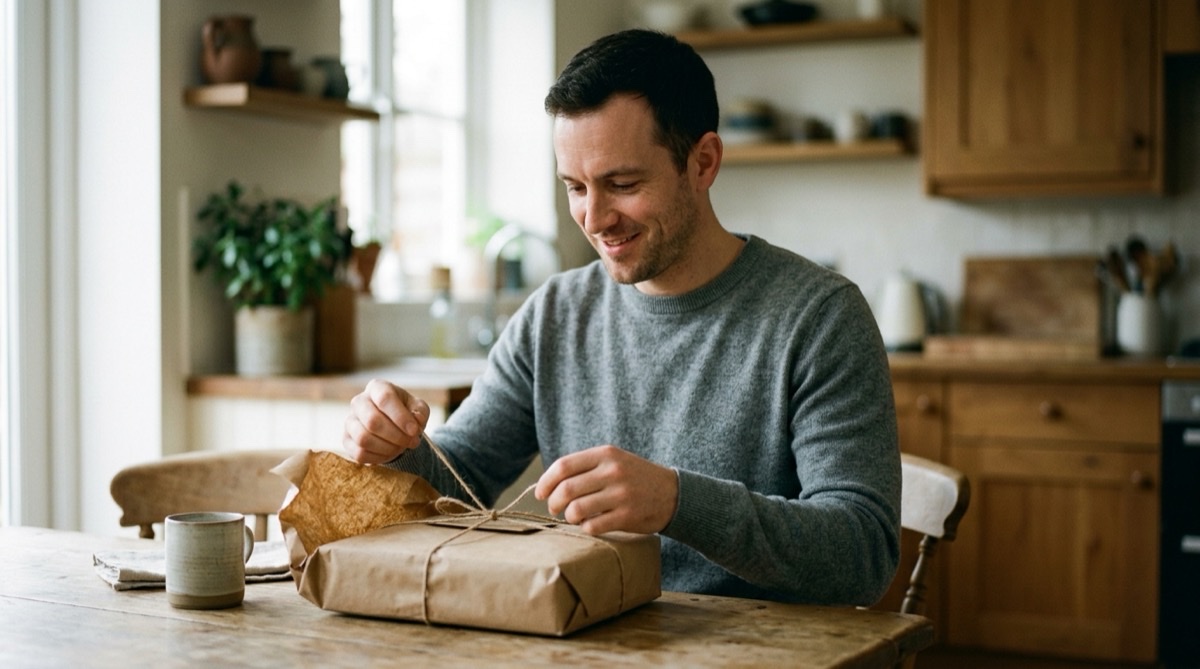 Opening a parcel at a kitchen table, a brother receiving a gift without ceremony