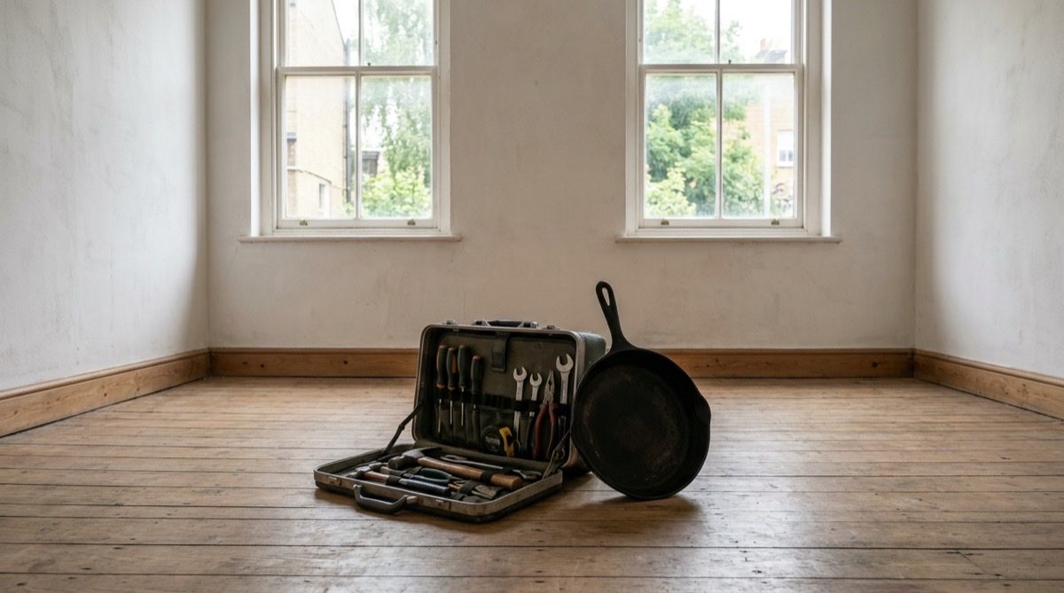 Toolkit and cast iron pan on the bare floor of an empty first flat