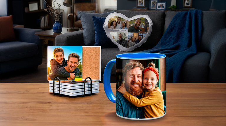 Custom photo gifts: pillows, coasters and mugs