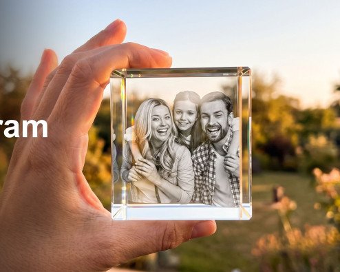 3D Crystal photo of a family in someone's hand