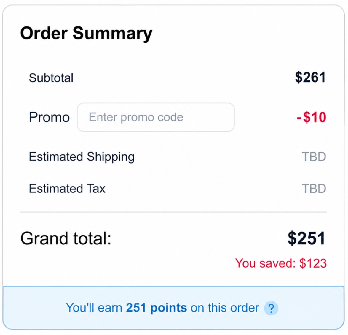 Order summary at checkout showing a promo applied and the Reward Points the order will earn