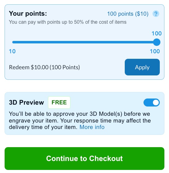 The Rewards slider at checkout, redeeming $10 from a 100 point balance before continuing to checkout