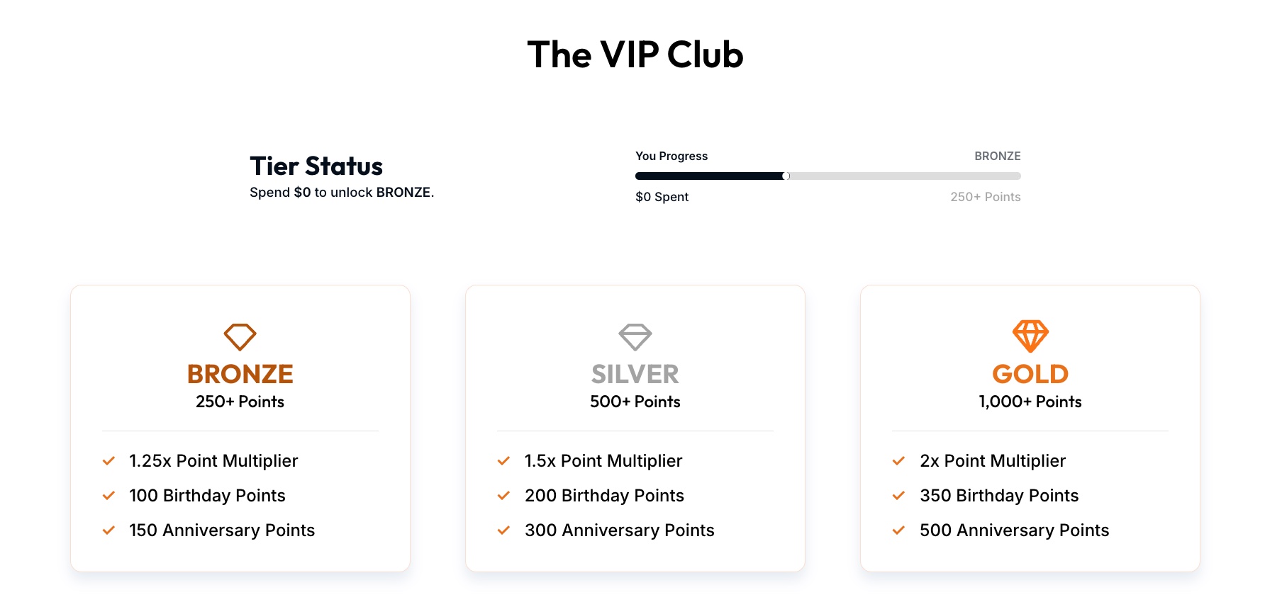 The VIP Club block on the ArtPix 3D Rewards Program page with the Bronze, Silver and Gold tier benefits