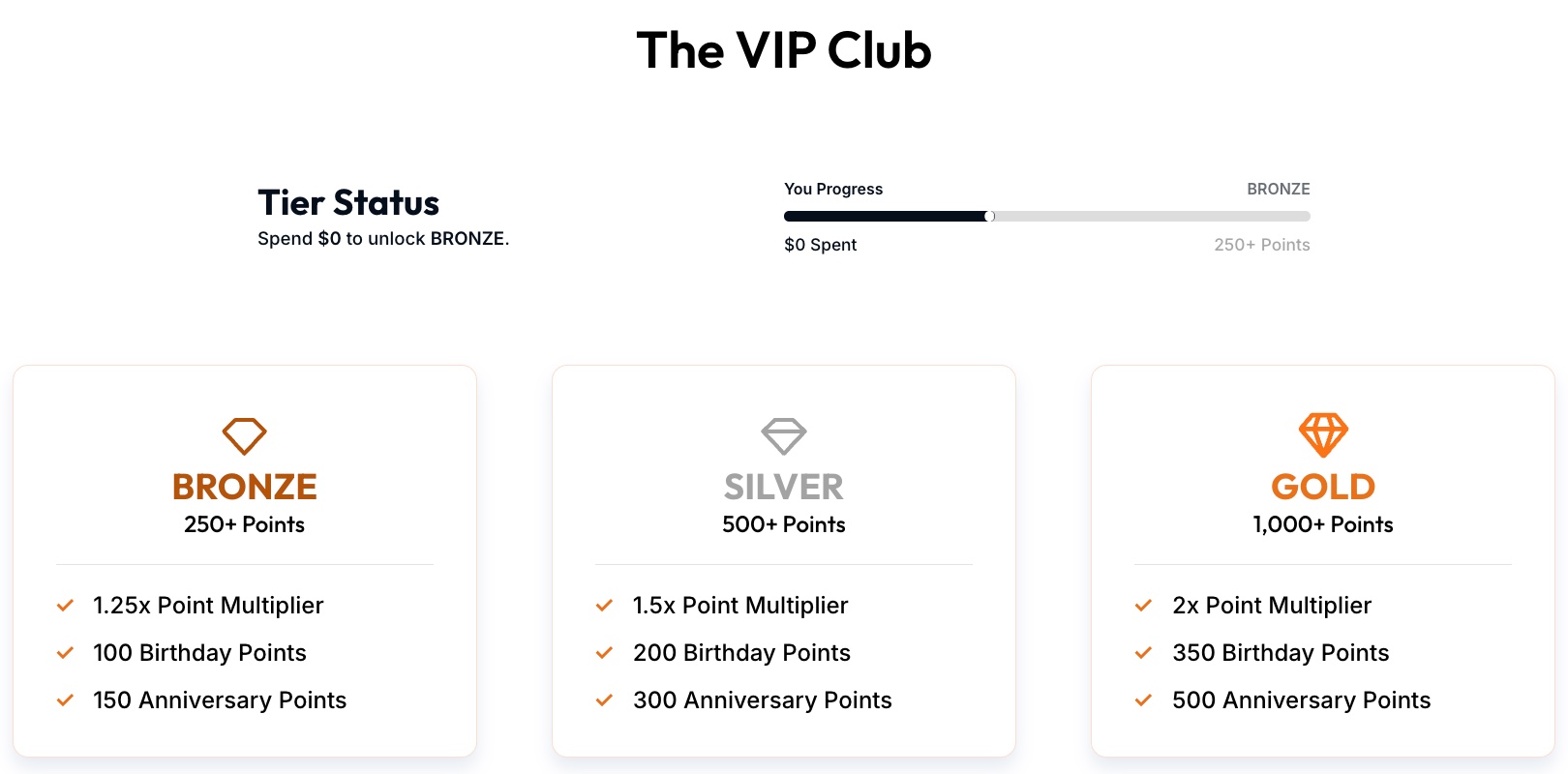 The VIP Club block on the ArtPix 3D Rewards Program page with the Bronze, Silver and Gold tier benefits
