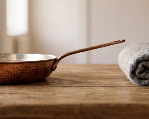 Hammered copper pan and a folded wool blanket on a kitchen table, the 7 year anniversary gift materials