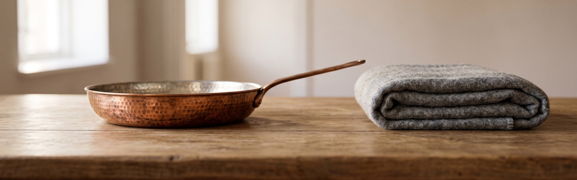 Hammered copper pan and a folded wool blanket on a kitchen table, the 7 year anniversary gift materials