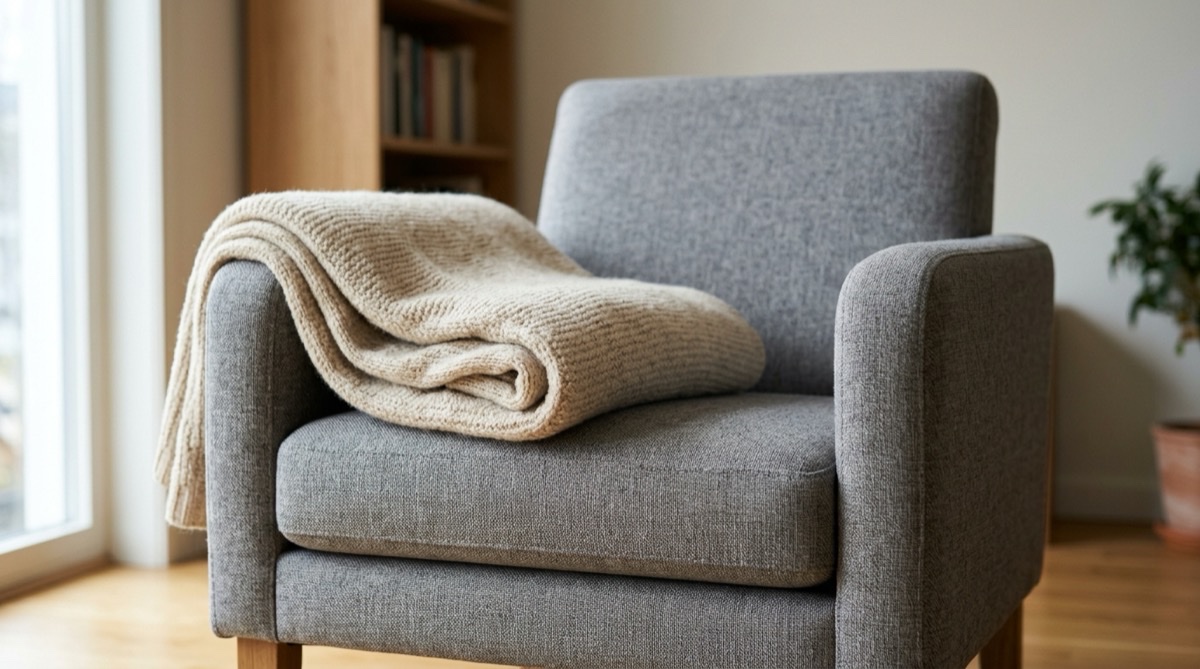 Wool blanket folded over a chair, the British traditional material for the seventh anniversary