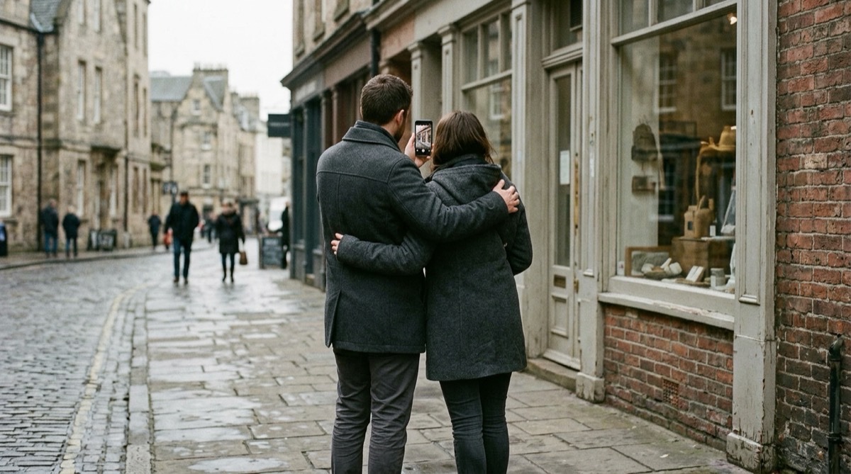 A couple retracing their first date route on a seventh anniversary
