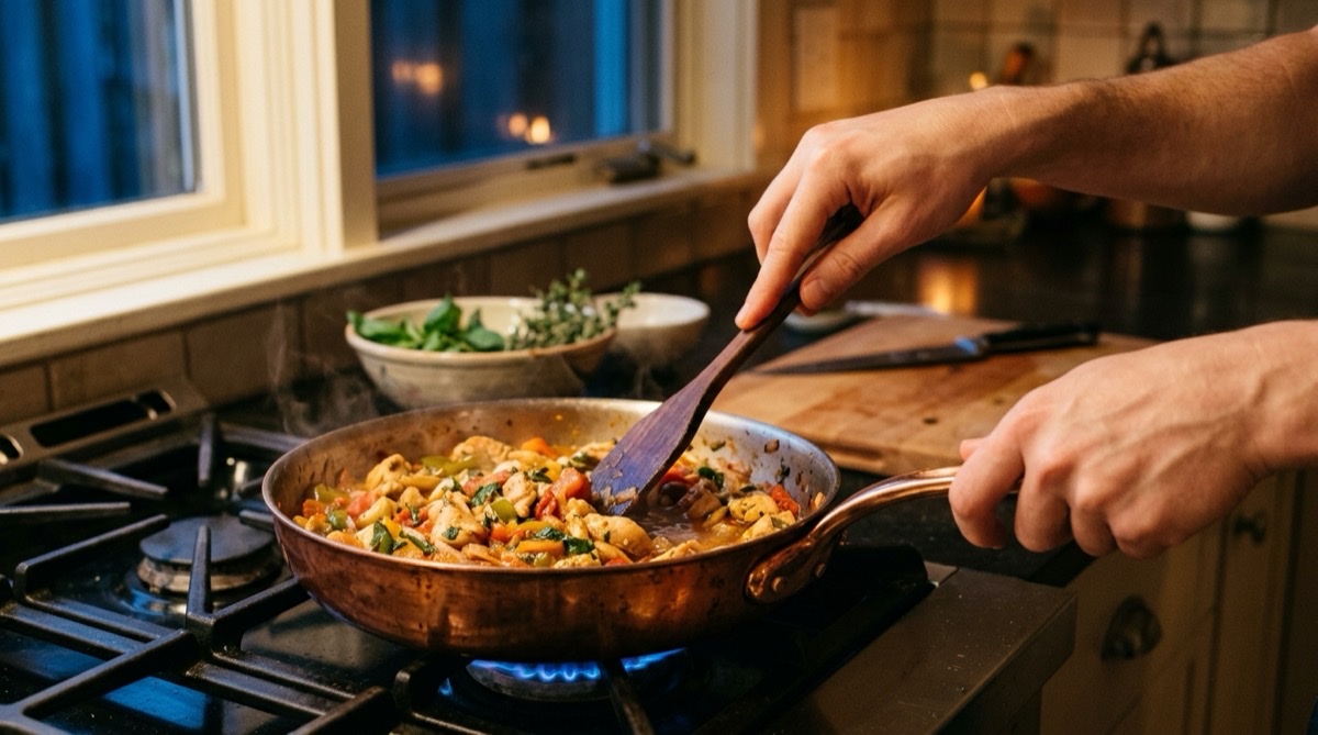 Cooking in a new copper pan on the evening of a seventh anniversary