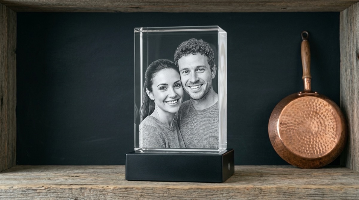 Photo crystal beside a copper pan, an off-theme keepsake for a seventh anniversary
