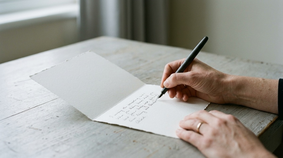 Writing a closing by hand above a signature inside a sympathy card