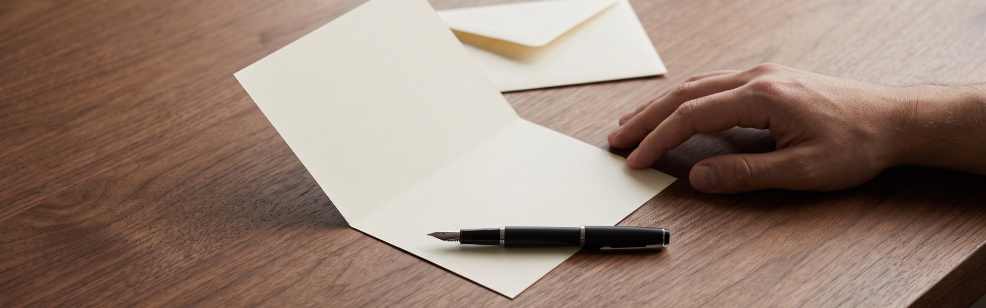 Open condolence card and pen on a table, ready to sign a sympathy card