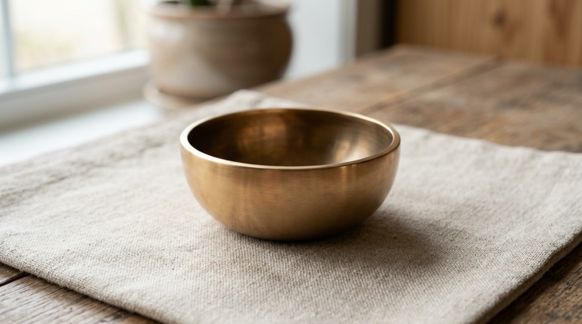 Cast bronze bowl on linen, the traditional material for an eighth wedding anniversary
