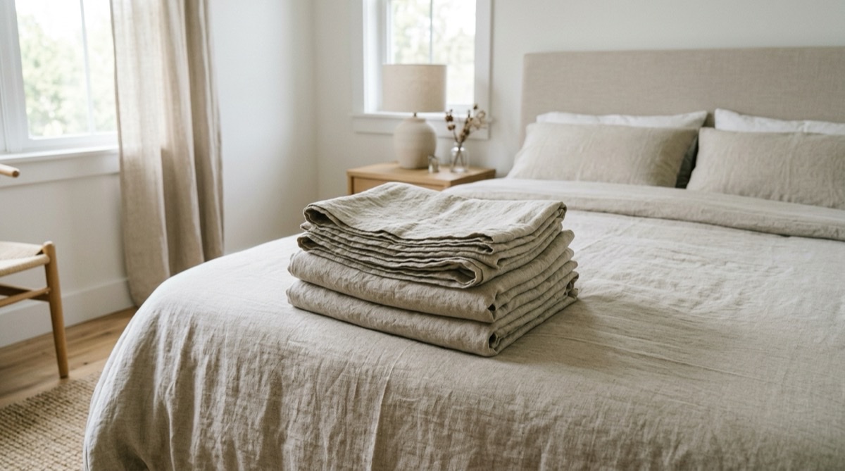Stack of linen sheets, the modern material for the eighth wedding anniversary
