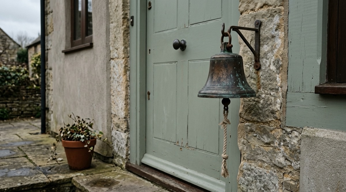 Bronze bell by a front door, a lasting eighth anniversary gift