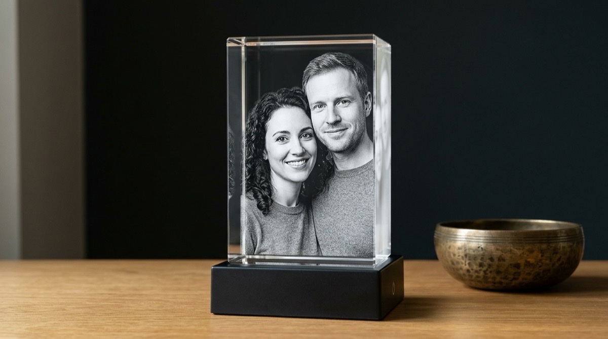 Photo crystal beside a bronze bowl, an off-theme keepsake for an eighth anniversary