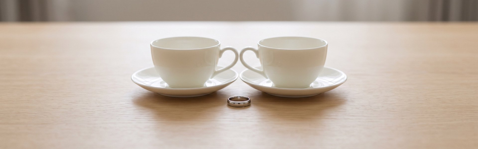 Two bone china cups and a platinum band on a pale wooden table for a 20 year anniversary gift