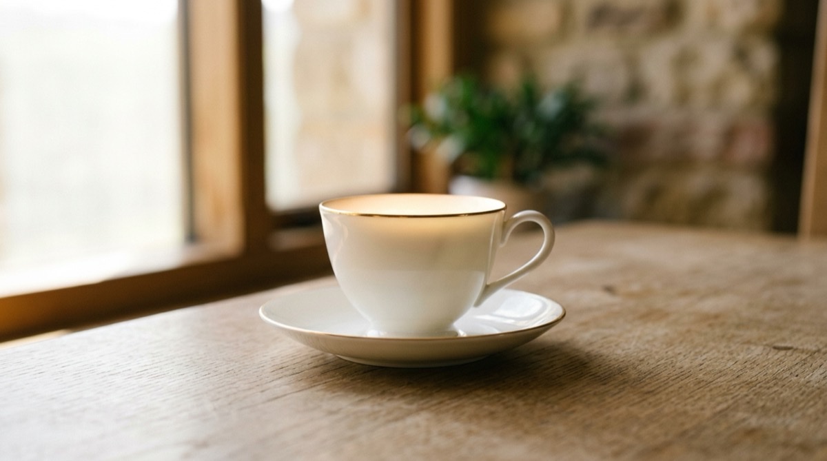 Bone china cup and saucer, the traditional material for a twentieth wedding anniversary