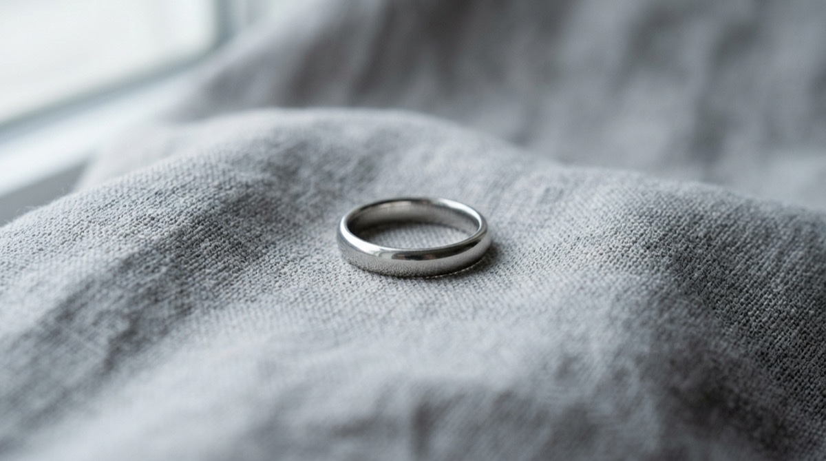 Platinum band on grey cloth, the modern material for a twenty year wedding anniversary