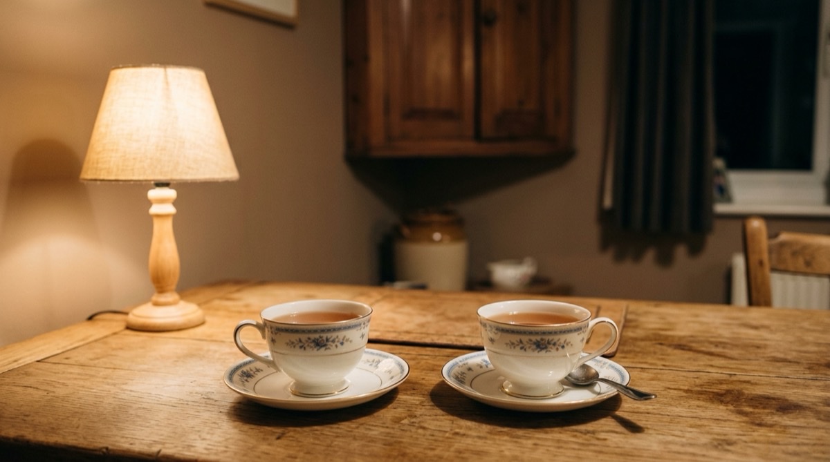 Two china cups on an ordinary table, a twentieth anniversary gift that gets used