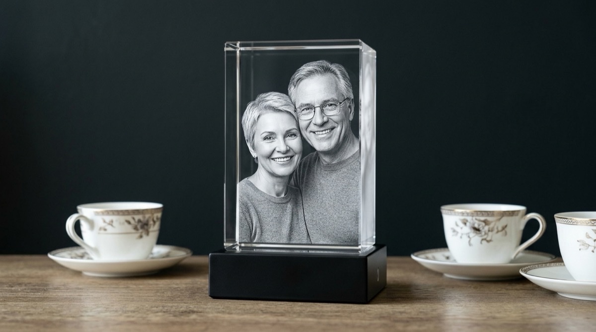 Photo crystal beside china cups, an off-theme keepsake for a twentieth anniversary