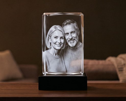 ArtPix 3D vs Crystal Prints: an ArtPix 3D photo crystal rectangle on an LED base in a living room