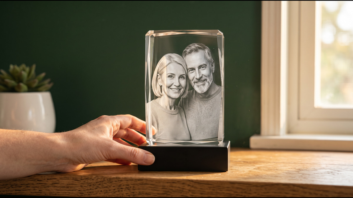 ArtPix 3D photo crystal rectangle on an LED base, compared with a Crystal Prints block