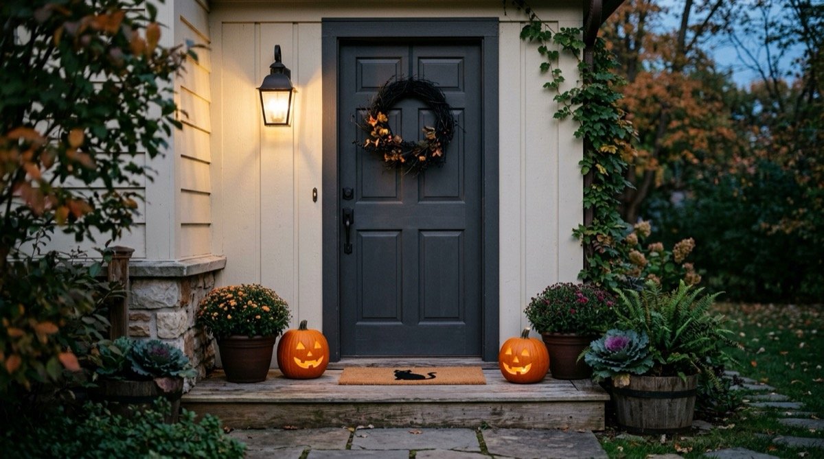Halloween decoration ideas finished at one front door: black wreath, cat doormat and two carved pumpkins