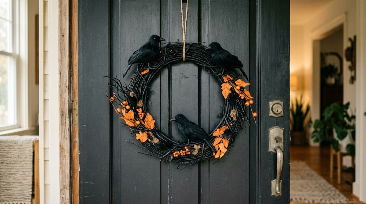 DIY Halloween wreath of black grapevine, faux crows and dried leaves on a dark front door